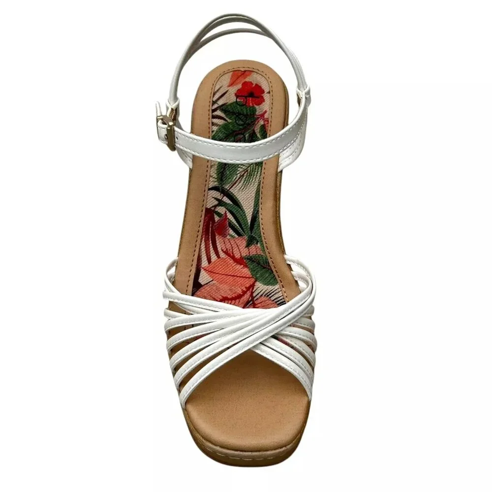 BOC Catalina Women's Platform Wedge Sandal Size 8 White/Tan‎ Glossy Straps Twist